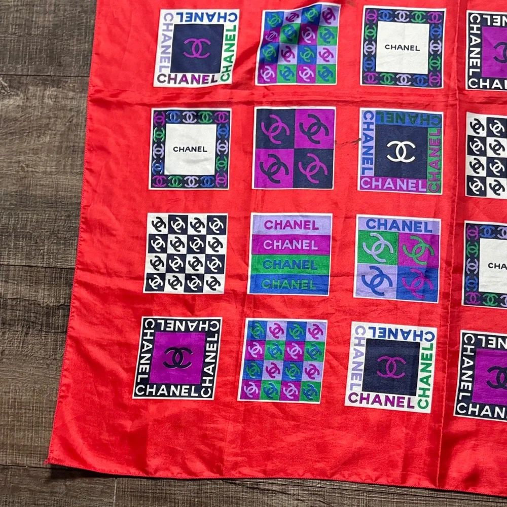 CHANEL Vibrant Red silk Scarf with Multicolor Logo Squares - Picture 2 of 9